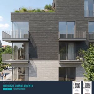 Modern multi-story apartment building with dark brick façade, glass balconies, and greenery; bottom advertising strip with product name and QR codes.