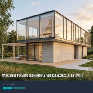 Two-story modern house with floor-to-ceiling glass walls and a brick lower level, outdoor seating on a patio amid greenery; advertisement banner for new long-format clinker brick tiles in Lithuania.