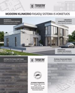 Modern two‑story contemporary house with gray stone facade and glass balconies, shown in a Tonwerk brochure layout.