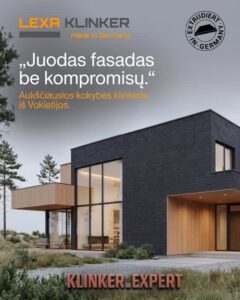 Modern black clinker-brick house with large glass walls; branding text 'LEXA KLINKER' and 'KLINKER EXPERT' visible.