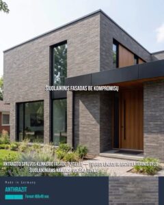 Modern two-story brick house with tall vertical windows, dark gray facade, and a wooden front door with landscaped yard.