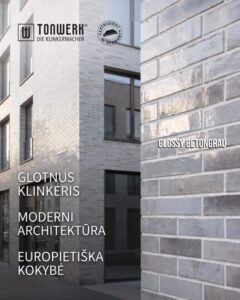 Modern gray brick building with large windows. Left displays the TONWERK logo and stacked text lines; right wall shows the label 'GLOSSY BETONGRAU'.