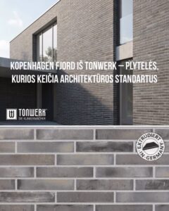Modern brick building exterior with bold white text about Tonwerk klinker tiles; includes Tonwerk logo and 'Extruded in Germany' seal.
