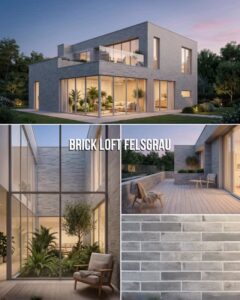 Collage of a modern gray brick house with large glass walls and a rooftop terrace at dusk, plus a plant-filled interior courtyard and a wooden deck area.