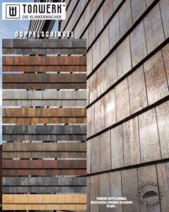 Facade color swatch display with stacked horizontal slats in browns and grays; TONWERK logo upper left and DOPPEL SCHINDEL label visible at top.