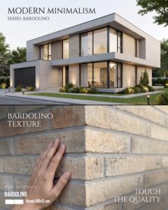 Advertisement image showing a modern minimalist house above a close-up beige brick wall; branding reads Bardolino and 'Touch the Quality'.