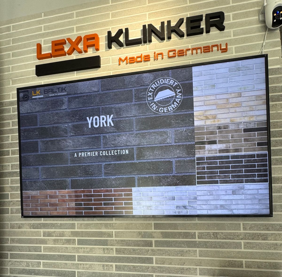 Large screen displaying brick patterns labeled YORK from the York: A Premier Collection, Lexa Klinker Made in Germany.